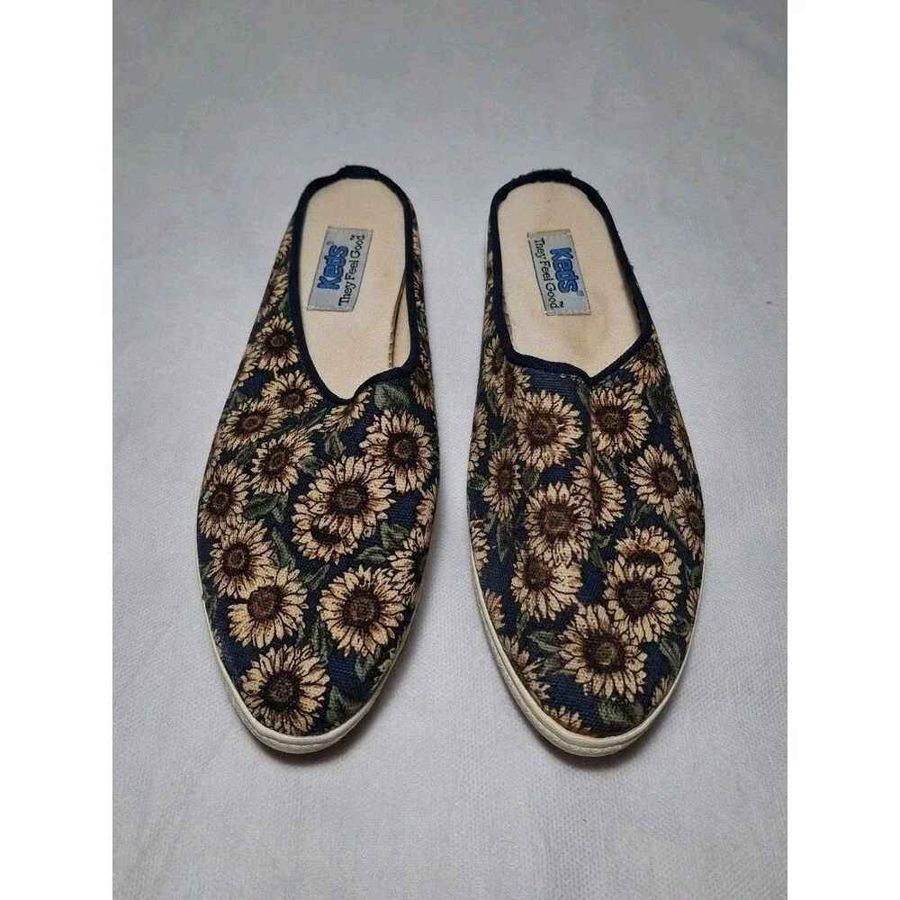 Vintage Keds Bayshore Sunflower Canvas Slip on Sandals Mules Women's 7.5 Navy Bl - Picture 2 of 9